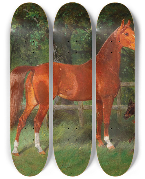Triptych art skateboard deck of Hans Haag Chestnut With Foal In The Meadow by Hans Haag (1841-1919)