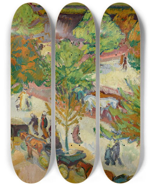 Triptych art skateboard deck of Nikolai Alexandrovich Tarkhov Station De Cochers by Nikolai Alexandrovich Tarkhov (1871-1930)