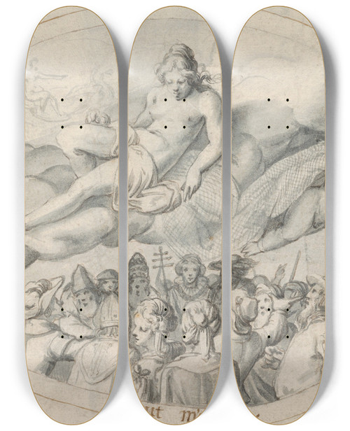 Triptych art skateboard deck of Jacob Matham Emblem Drawing I Rule Everything by Jacob Matham (1571-1631)