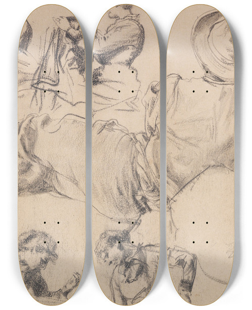 Triptych art skateboard deck of Adolph Von Menzel Figurenstudien Nhende Frau Liegender Mann Junge Frau by Adolph Von Menzel (1815-1905)