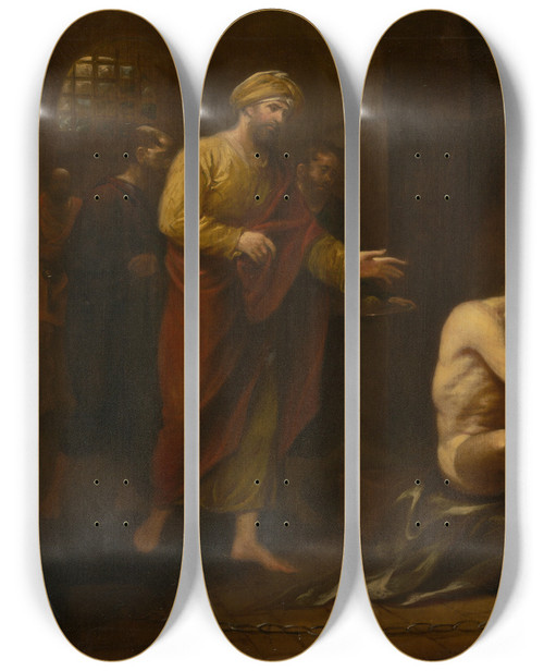 Triptych art skateboard deck of John Trumbull I Was In Prison And Ye Came Unto Me Matthew2536_2 by John Trumbull (1756-1843)