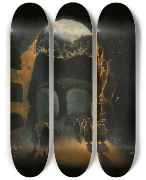 Triptych art skateboard deck of Beniamino De Francesco Ferdinand Ii Of Sicily In The Catacombs Of San Gennaro by Beniamino De Francesco (1815-1869)
