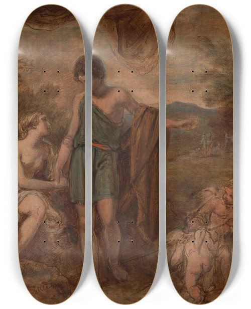 Triptych art skateboard deck of Thomas Stothard An Unfinished Study Of Venus And Adonis by Thomas Stothard (1755-1834)