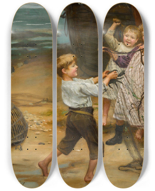 Triptych art skateboard deck of Arthur John Elsley The Days Catch by Arthur John Elsley (1860-1952)
