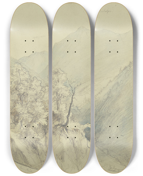 Triptych art skateboard deck of Wilhelm Amandus Beer Befestigte Strae Entlang Einer Felsklamm Bei Reichenhall by Wilhelm Amandus Beer (1837-1907)