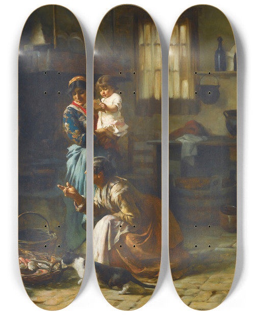 Triptych art skateboard deck of Giuseppe Barison The Fishseller by Giuseppe Barison (1853-1931)