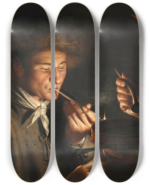 Triptych art skateboard deck of Willem Van Der Vliet A Man Smoking And Another Man Eating By Candlelight by Willem van der Vliet (1584-1642)