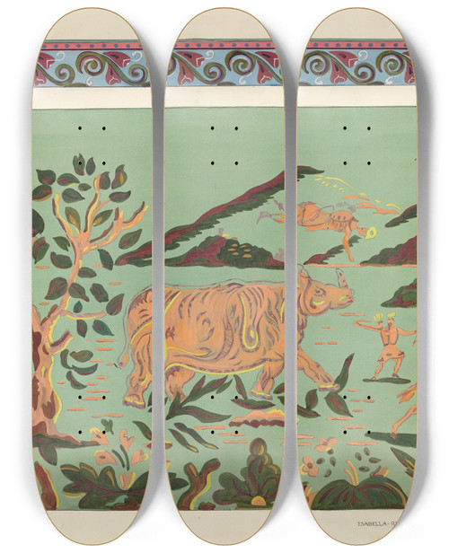 Triptych art skateboard deck of Isabella Ruth Doerfler Bandbox Design Rhino by Isabella Ruth Doerfler