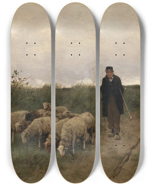 Triptych art skateboard deck of Anton Mauve Shepherd And Sheep by Anton Mauve (1838-1888)