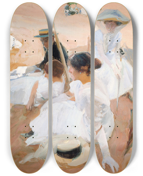 Triptych art skateboard deck of Joaqun Sorolla Under The Awning On The Beach At Zarauz by Joaquin Sorolla (1863-1923)