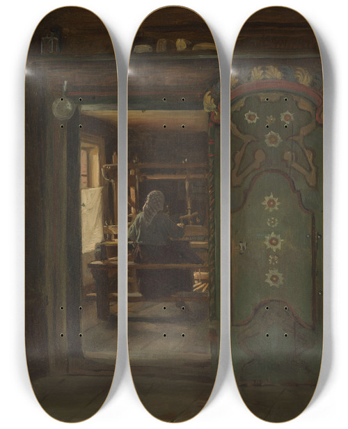 Triptych art skateboard deck of Adolph Tidemand Woman At The Loom by Adolph Tidemand (1814-1876)