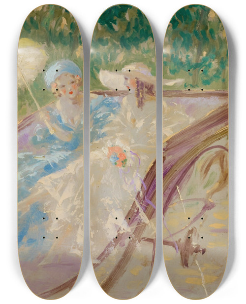 Triptych art skateboard deck of Louis Icart Deux Lgantes En Calche by Louis Icart (1888-1950)