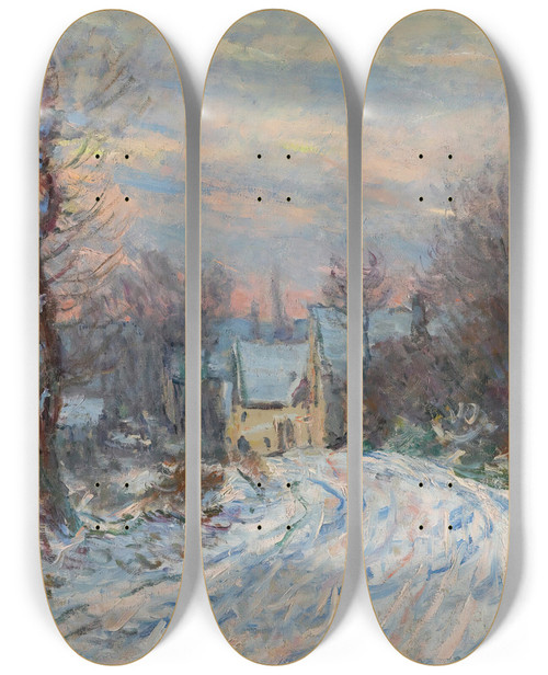 Triptych art skateboard deck of Claude Monet Lentre De Giverny En Hiver by Claude Monet (1840-1926)