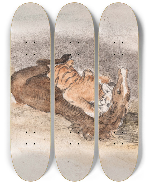 Triptych art skateboard deck of Antoinelouis Barye Tigre Dvorant Un Cheval by Antoine-Louis Barye (1796-1875)