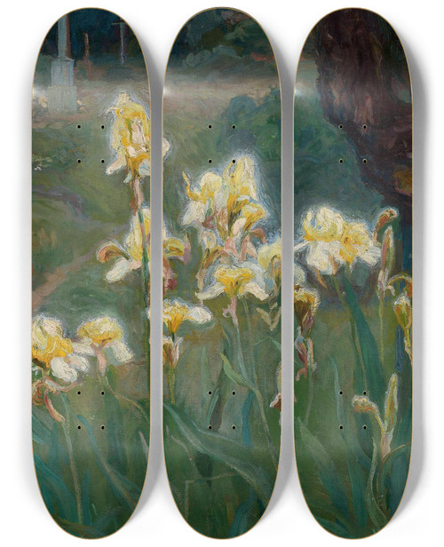 Triptych art skateboard deck of Maksymilian Neuman Irises In The Graveyard by Maksymilian Neuman