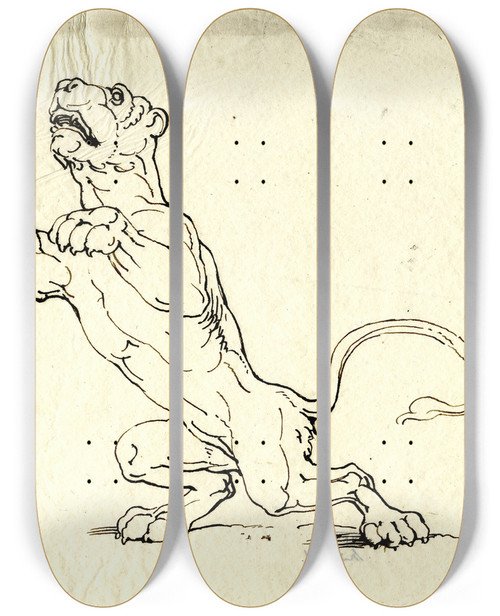 Triptych art skateboard deck of David Humbert De Superville Opspringende Tijger by David Humbert De Superville (1770-1849)