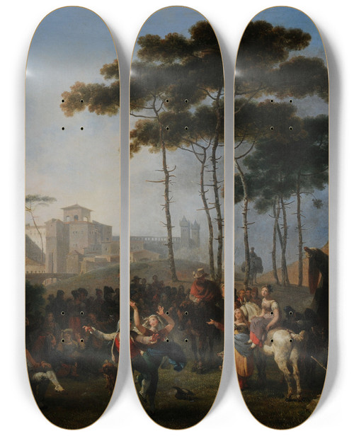 Triptych art skateboard deck of Nicolasantoine Taunay Danses Villageoises by Nicolas-Antoine Taunay (1755-1830)
