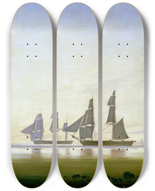Triptych art skateboard deck of Anton Melbye A Calm Morning At Sea by Anton Melbye (1818-1875)