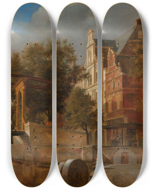 Triptych art skateboard deck of Jan Van Der Heyden The Drawbridge by Jan van der Heyden (1637-1712)