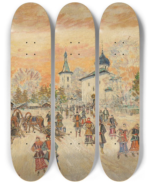 Triptych art skateboard deck of Konstantin Alexeevich Korovin After A Festive Service by Konstantin Alexeevich Korovin (1861-1939)