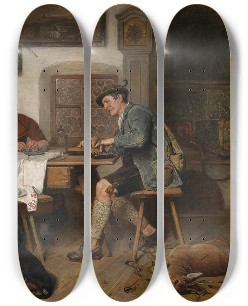 Triptych art skateboard deck of Adolf Eberle Musikalische Unterhaltung Auf Der Alm by Adolf Eberle (1843-1914)