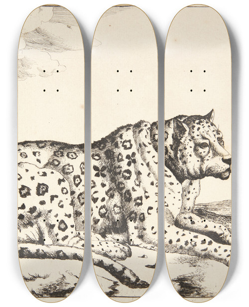 Triptych art skateboard deck of Marcus De Bye Liggende Leopard Vendt Mod Hjre by Marcus de Bye (1638-1688)