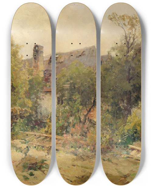Triptych art skateboard deck of Ernestine Von Kirchsberg Landschaft Mit Bauernhaus by Ernestine Von Kirchsberg (1857-1924)