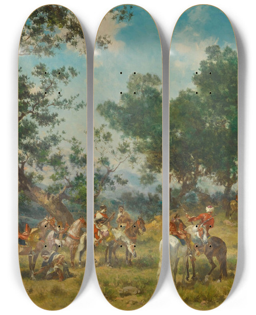 Triptych art skateboard deck of Georges Washington Horsemen Breaking Camp by Georges Washington (1827-1901)