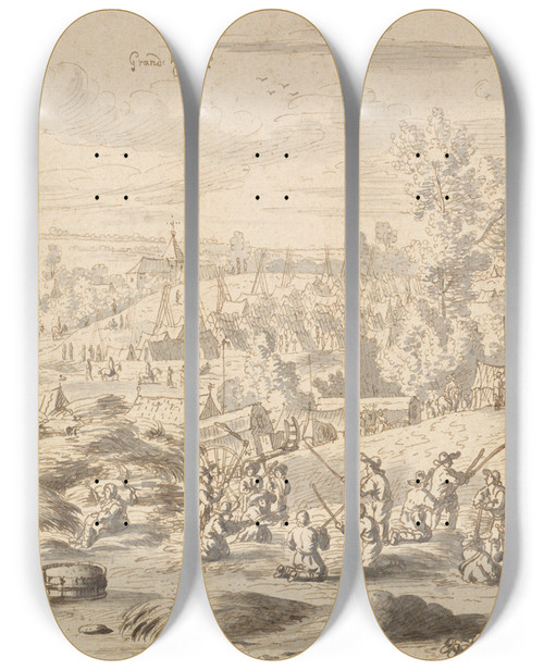 Triptych art skateboard deck of Josua De Grave Peasants In A Landscape With A Military Camp In Grandhallet by Josua de Grave (1643-1712)