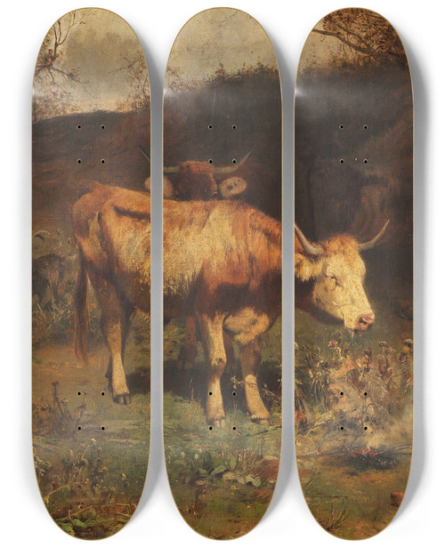 Triptych art skateboard deck of Otto Gebler Rast Des Hirtenjungen Mit Seinen Tieren by Otto Gebler (1838-1917)