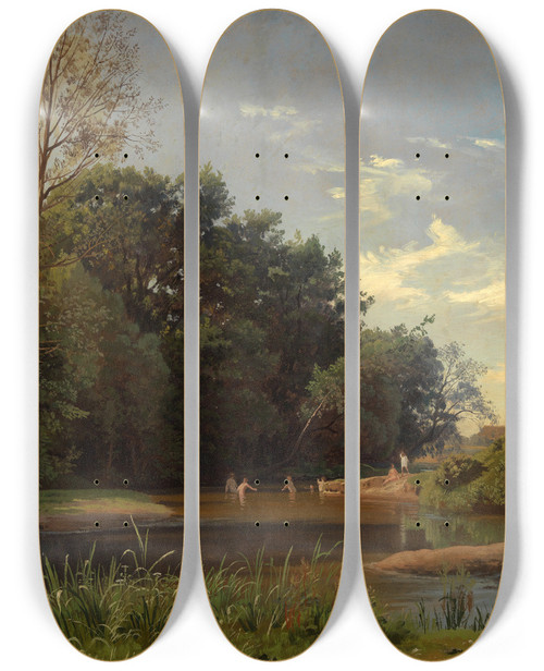 Triptych art skateboard deck of Johann Wilhelm Schirmer An Der Alb Iii by Johann Wilhelm Schirmer (1807-1863)