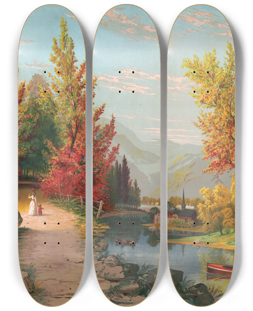 Triptych art skateboard deck of Joseph Hoover Autumn On The Lehigh by Joseph Hoover (1830-1913)