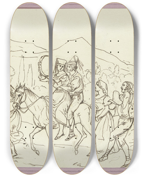 Triptych art skateboard deck of Friedrich Mosbrugger  Eselsritt Brautpaar Auf Einem Esel Und Drei Weitere Figuren by Friedrich Mosbrugger (1804-1830)