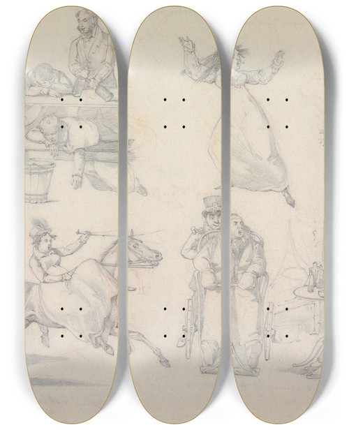 Triptych art skateboard deck of Henry Thomas Alken Symptoms Of The Managers Judgement Of Being On Board A Packet Of Having Enough To Live Upon Of The Laddle Misplaced by Henry Thomas Alken (1785-1851)