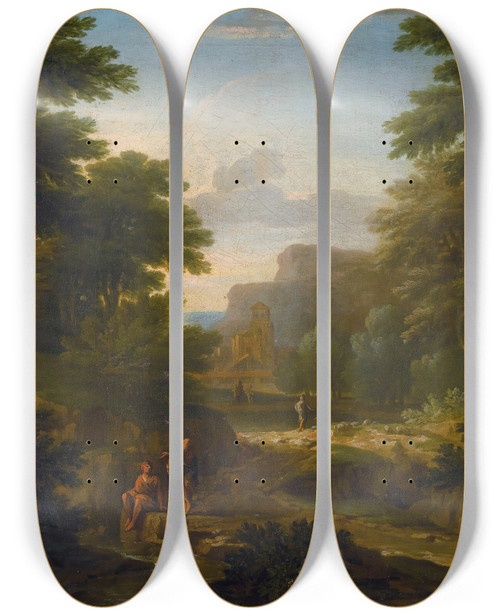 Triptych art skateboard deck of George Lambert Woodedlandscape With Figures Resting By A Stream by George Lambert (1699-1765)