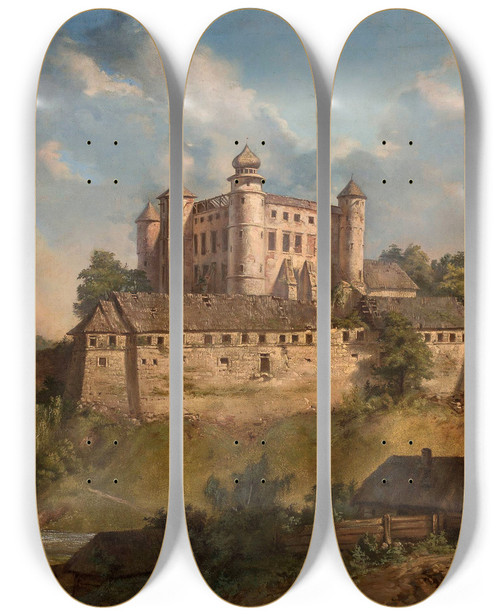Triptych art skateboard deck of Andrzej Grabowski Castle In Winicz by Andrzej Grabowski (1833-1886)