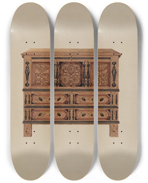 Triptych art skateboard deck of Martin Partyka Two Drawer Sunflower Chest Front View by Martin Partyka