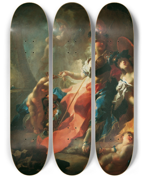 Triptych art skateboard deck of Franz Anton Maulbertsch Die Akademie Mit Ihren Attributen Zu Fen Minervas by Franz Anton Maulbertsch (1724-1796)