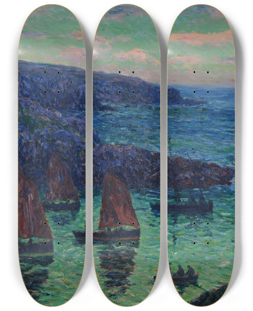 Triptych art skateboard deck of Henry Moret Le Soir Doulan by Henry Moret (1856-1913)