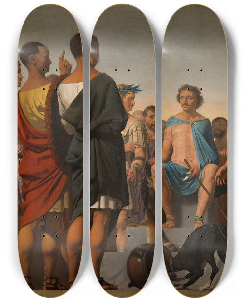 Triptych art skateboard deck of Caesar Van Everdingen Lycurgus The Spartan Demonstrates The Importance Of Good Education By Comparing The Behaviour Of Two Dogs by Caesar Van Everdingen (1617-1678)