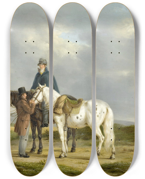Triptych art skateboard deck of Anthony Oberman Two Riders In A Landscape by Anthony Oberman (1781-1845)