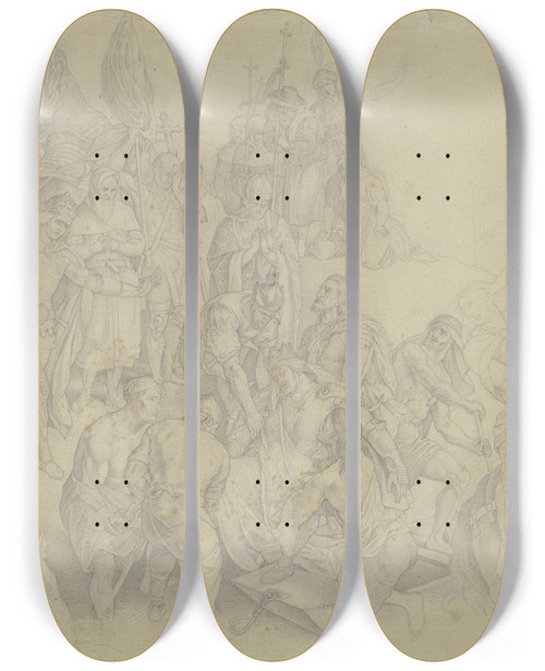 Triptych art skateboard deck of Julius Schnorr Von Carolsfeld Die Auffindung Der Leiche Des Kaisers Friedrich Barbarossa Im Fluss Kalykadnus Bei Selencia In Syrien Am 10 Juni 1190 by Julius Schnorr Von Carolsfeld (1794-1872)
