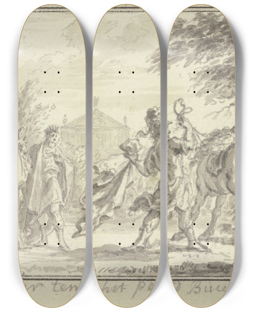 Triptych art skateboard deck of Simon Fokke Alexander Zhmt Bukephalos by Simon Fokke (1712-1784)
