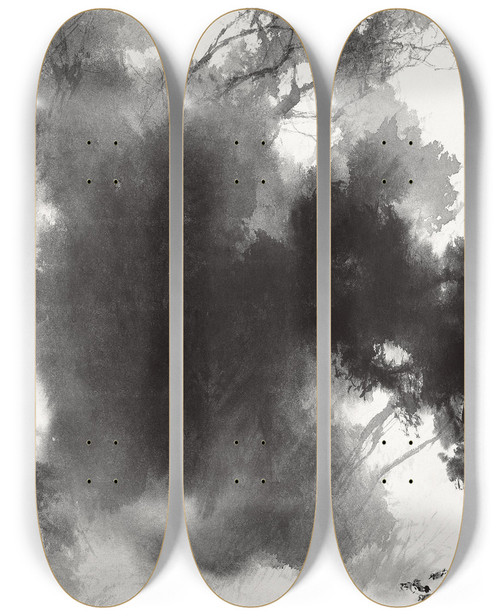 Triptych art skateboard deck of Takeuchi Seih Birds At Roost by Takeuchi Seiho (1864-1942)