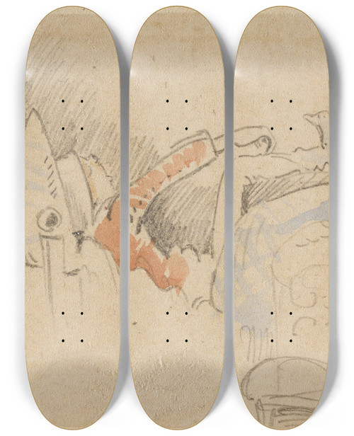 Triptych art skateboard deck of Wilhelm Busch Die Gestrte Aber Glcklich Wieder Errungene Nachtruhe Der Floh 4 by Wilhelm Busch (1832-1908)