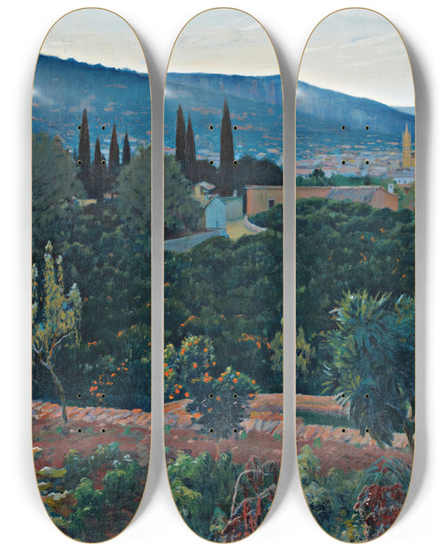 Triptych art skateboard deck of Santiago Rusiol El Valle Soller View Over Soller by Santiago Rusinol (1861-1931)
