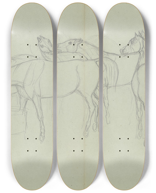 Triptych art skateboard deck of Ferdinand Fellner Pferdeherde An Der Trnke Rangkmpfe Austragend by Ferdinand Fellner (1799-1859)