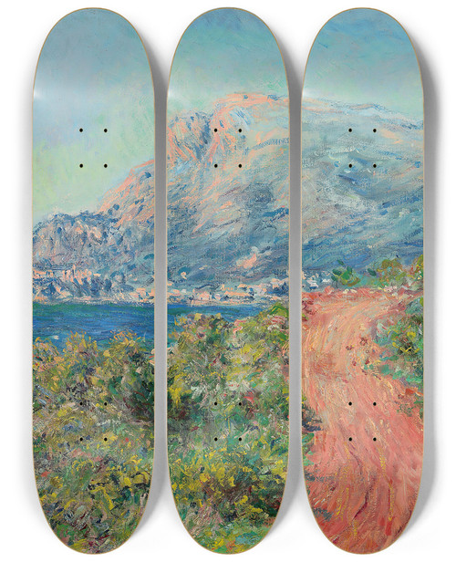 Triptych art skateboard deck of Claude Monet La Route Rouge Prs De Menton by Claude Monet (1840-1926)