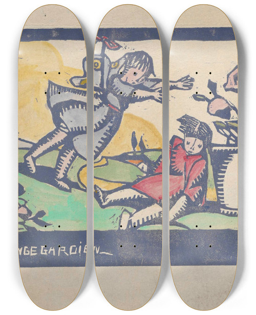 Triptych art skateboard deck of Tadeusz Makowski Lange Gardien Guardian Angel_1 by Tadeusz Makowski (1882-1932)