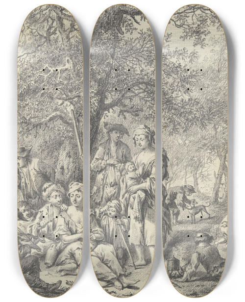Triptych art skateboard deck of Johann Ludwig Ernst Morgenstern Zigeunerfamilie Unter Einer Eiche Am Waldrand Rastend by Johann Ludwig Ernst Morgenstern (1738-1819)
